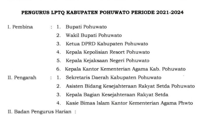 Dana Hibah Rp 1,2 Miliar Jadi Sorotan, Berikut Daftar Pengurus LPTQ Pohuwato 2021-2024