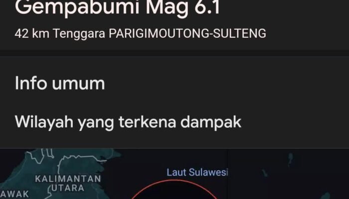 Gempa Magnitudo 6,1 Guncang Parimo, Sulteng, Tidak Berpotensi Tsunami
